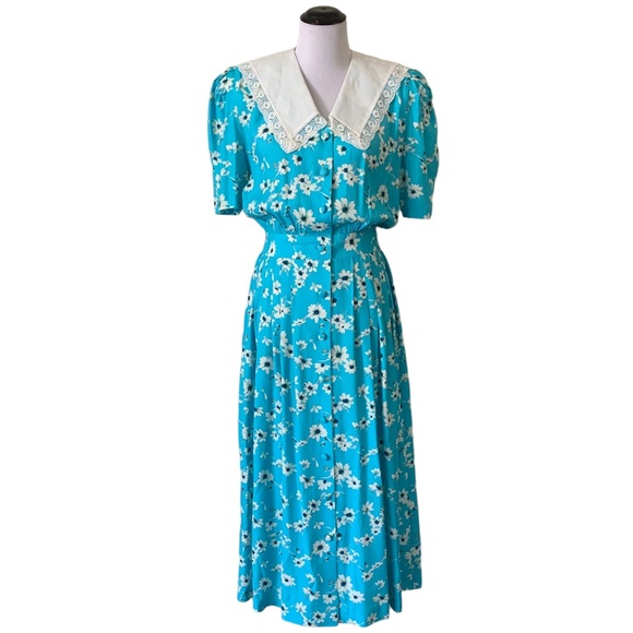 karin stevens Dresses & Skirts - Vintage 80s KARIN STEVENS Blue Daisy Blouson Dress Bib Collar Cottagecore Size 8